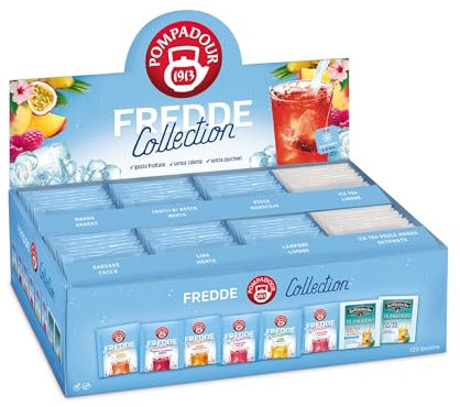 Pompadour, Box Infusi e Tè Freddi 15 Bustine x 8, Karkadè Cocco, Lime Menta, Lampone Limone, Pesca Maracuja, Frutti di Bosco e Menta, Mango Ananas, Ice Tea Limone, Ice Tea Pesca Mango