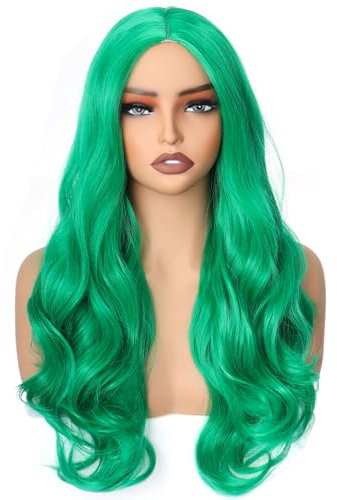 Colorfulpanda Peluca larga ondulada verde para mujer, rizada completa, natural, pelo sintético, disfraz encantador para mujeres y niñas, carnaval, fiesta, Halloween, cosplay, 65 cm (verde)