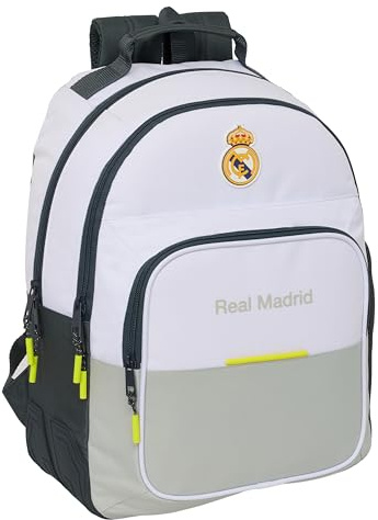 safta Real Madrid Equiicion 25/26 Schulrucksack für Kinder, ideal für Kinder verschiedener Altersgruppen, bequem und vielseitig, Qualität und Widerstandsfähigkeit, 32 x 15 x 42 cm, weiß, M, Casual