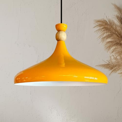 bamyum Champion Pendelleuchte Gelb aus Holz und Metall 35 cm, Hängelampe Esstisch, Küchenlampe Hängend E27, Hängelampe Gelb für Kinderzimmer, Schlafzimmer, Wohnzimmer