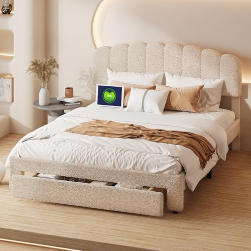 Jugendbett 140x200 mädchen, Stauraumbett mit schubladen auf Rollen, Doppelbett mit USB und Lattenrost, Höhenverstellbares Kopfteil, Polsterbett Mädchen bett Prinzessinnen bett, Teddy Velvet, Beige
