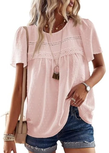 TUUHAW T-Shirt da Donna Pizzo Manica Corta Magliette con Scollo Estive Top | Casual Camicia, Boho Maglie, Pizzo Maglie, Estiva Maglietta, Elegante Blusa, Traspirante Classica, Vintage Affari Tunica