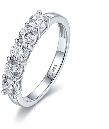 Damen Moissanit Fünf Stein Band Ring Rundschliff Ehering 925 Sterling Silber Fingerring Modern Klassisch Ewigkeitsring mit Stein Fingerring Silberring Frauen Schmuck (Silber, 59(19))