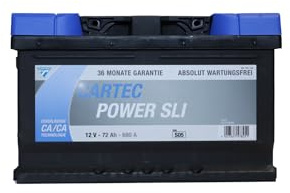 CARTREC POWER SLI Starterbatterie 72 AH / 680 A KSN S05, Calcium-Technologie, Autobatterie, wartungsfrei, langlebig, zyklenfest, korrosionsfest, schwarz