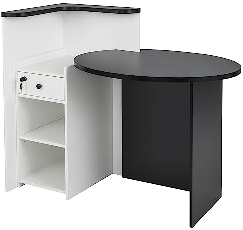 GIANTEX Empfangstheke, Rezeptionstheke mit abschließbarer Schublade & 3-stufig verstellbares Regal, L-förmiger Empfangstresen für Unternehmen, Lobby & Laden, 120 x 70 x 100 cm (Schwarz + Weiß)