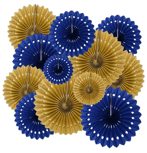 ZYOOO Hanging Paper Fans Party Decorations,12 Pcs Blue Gold Honeycomb Round Fans,Ceiling Decor for Birthday,Wedding,Graduations,Ramadan,Eid Party Backdrop