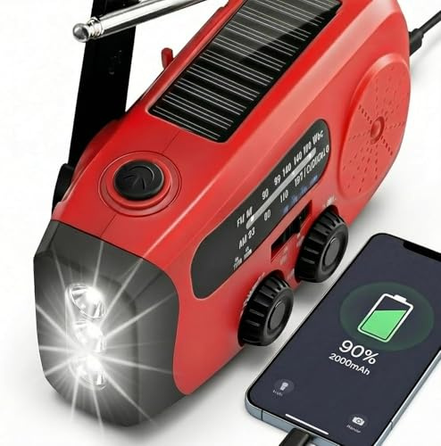 Notfallradio mit Solar & Kurbel, 3x LED Taschenlampe, 2000mAh Powerbank, AM/FM/Wetter, USB-C, SOS-Alarm – Tragbares Überlebens-Kit für Camping, Outdoor, Stromausfall