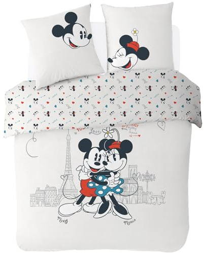 Disney Bettbezug Mickey und Minnie Paris Love – 200 x 200 cm + 2 Kopfkissenbezüge 63 x 63 cm – 100 % Baumwolle – Ecru