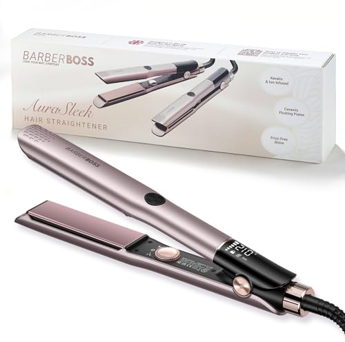BarberBoss - Plancha de cerámica con placas flotantes, tratamiento iónico y queratina para todo tipo de cabello, pantalla LED de temperatura, plancha de pelo profesional (QR-8412, rosa)