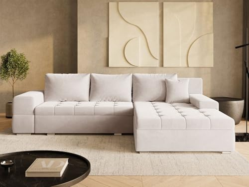 GRAINGOLD Sonia Ecksofa mit Schlaffunktion und Bettfunktion, 310x210 cm, L-Form Sofa, Schlafcouch für Wohnzimmer, Veloursstoff, 4-Sitzer Eckcouch, Ecksofa mit Stauraum (Beige)