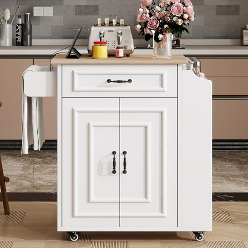Sapgaks Desserte îlot de Cuisine sur roulettes avec USB, Meuble de Cuisine avec Plans de Travail Rabattable et Porte-torchons, 1 Tiroirs, 2 Portes, Blanc