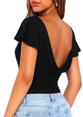 HAWILAND Women Boat Neck Cowl Backless Crop Top Ladies Going Out Ruffle Cap Sleeve Open Back Fitted T Shirt