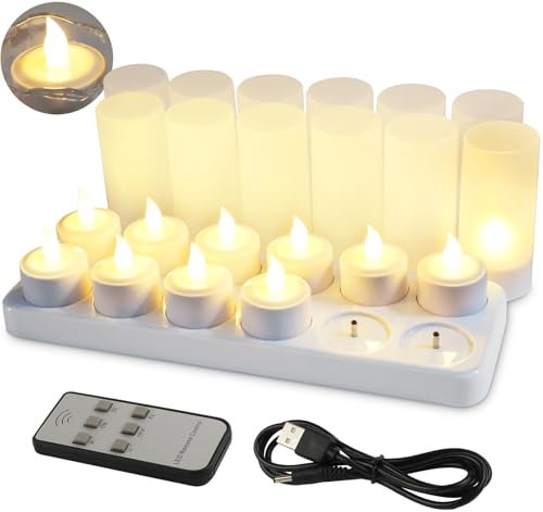 EuroFone Wiederaufladbare Teelichter, mit Fernbedienung Flackernde& 3A-Adapter Led Teelichter,flackernde, flammenlose(Kerzen12er-Set,warmes Weiß)