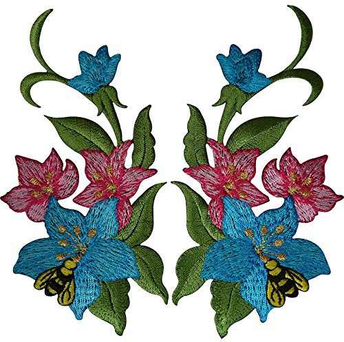 1 Paar Blumen-Aufnäher zum Aufbügeln oder Aufnähen, bestickt, Motiv: Biene, Wespe, Lilie, Blumen