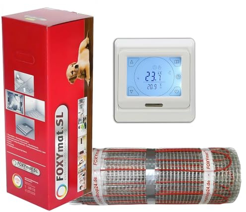 FOXYMAT.SL RAPID elektrische Fußbodenheizung, 8.0 m² (0.5m x 16m) | 200 Watt pro m², mit Thermostat QM-BLUE-TS