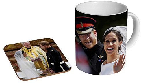 Keramik-Kaffeetasse mit Untersetzer, Motiv königliche Hochzeit, Prinz Harry und Meghan Wave