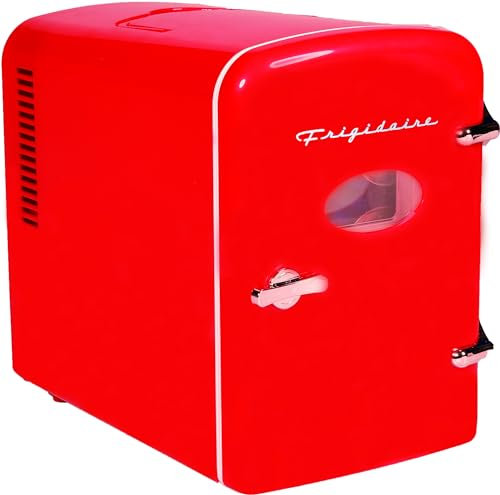 Frigidaire Mini refrigerador personal rojo, capacidad de 1 galón para seis latas, incluye enchufes para toma de corriente y cargador de CC, 9.9 pulgadas de profundidad x 7.1 pulgadas de ancho x 10.6