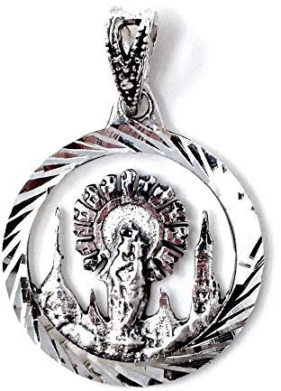 Inmaculada Romero IR Medalla colgante plata Ley 925m maciza 19mm. Virgen del Pilar centro calado borde tallado