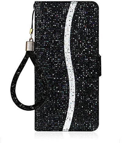 Ailisi für iPhone 11 Handyhülle mit Glitzerpailletten - Schwarz | PU-Leder Flip-Hülle, Brieftaschen-Design, Magnetverschluss,2 Kartenfächer, TPU-Innenschale, Standfunktion, Handgelenkriemen