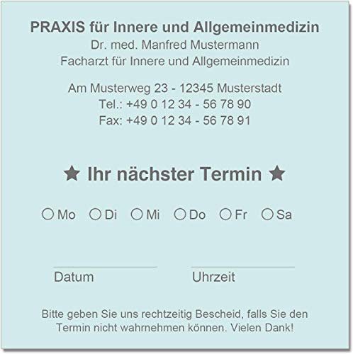 500 Terminzettel Terminkarten nächster Termin mit Ihrer Adresse personalisiert in praktischer Zettelbox mit Stiftehalter 10 x 10 cm (hellblau)