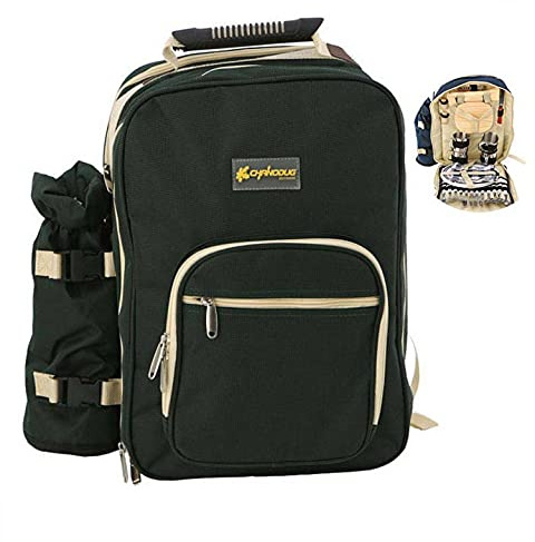 scosao Picknickrucksack 4 Personen Kühltasche Picknickset mit Kühlfach Isolierter, Abnehmbarer Weinhalter, Teller und Besteck-Set, für Outdoor, Wandern, Camping, Grillen,Green