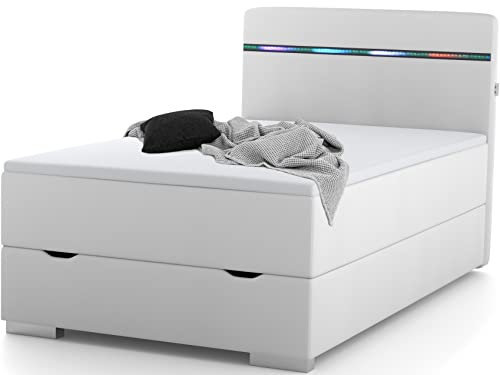 wonello Monza Boxspringbett 120x200 mit Bettkasten in Weiß I LED Beleuchtung und USB Anschlüssen I Design Bett für Jugendliche und Erwachsene I Stauraumbett mit Matratze und Topper