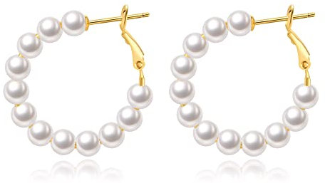 Perle Creolen für Damen Kleine Perle Creolen Hypoallergen Tropfen Ohrringe, 14K vergoldet Leichte Offene Große Kreis Runde Perlen Ohrringe Schmuck Geburtstagsgeschenk für Frauen