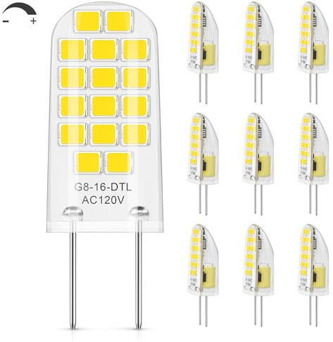 DiCUNO G8 LED Bulb Dimmable, Equivalent to G8 Halogen Bulb 20W, Daylight White 5000K, 2W, 120V, T4 JCD Type Bi-Pin Base Light Replacements for Under Cabinet, Puck Light, 10-Pack