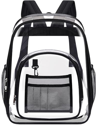 WSNDM Sac à Dos Robuste Transparent en PVC avec Bordure Noire, Sac à Dos Etanche pour Concert, Sport, Stade e Voyage, Petit Imperméable Plastique Sac à Dos Scolaire pour Travail Collège