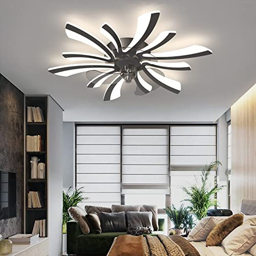 78cm Ventilador de Techo con Luz Silencioso Flor Moderna Lampara Ventilador Techo con Mando/APP Regulable Reversible Verano Invierno Ceiling fan with Light para Dormitorio Salón, Negro