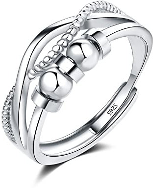 Loutade Silver Anxiety Rings, 925 Sterling Silver Anxiety Fidget Ring, Silver Rings for Women with Beads, Adjustable Open Fidget Spinner Rings, Unisex Infinity Bead Rings Relaxing Gifts for Men Girls