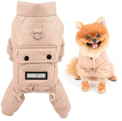 SMALLLEE_LUCKY_STORE Haustier Gepolsterter Wintermantel Schneeanzug mit Tasche D-Ring für kleine Hunde Katzen Wasserdicht Winddicht Welpe Chihuahua Yorkie Fleece Gefüttert Warm Kleidung, Braun, S