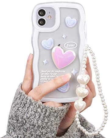 Fycyko Kompatibel mit iPhone 12 Hülle Transparent Silicone Handyhülle Perlen Armband Bracelet Design Frauen Süßes Glitter Laser Love Herz Aesthetic Mädchen Case für iPhone 12