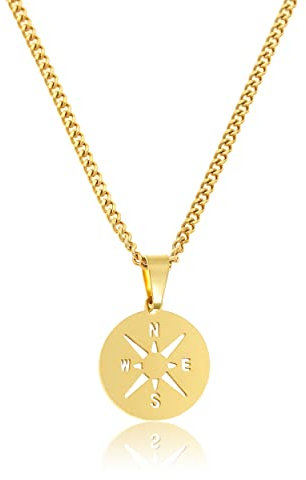 Made by Nami Herren Halskette mit Anhänger aus Edelstahl - Handmade Gold-Kette mit Kreuz-Anhänger - Coole Herren-Kette mit Anhänger (Gold Kompass)