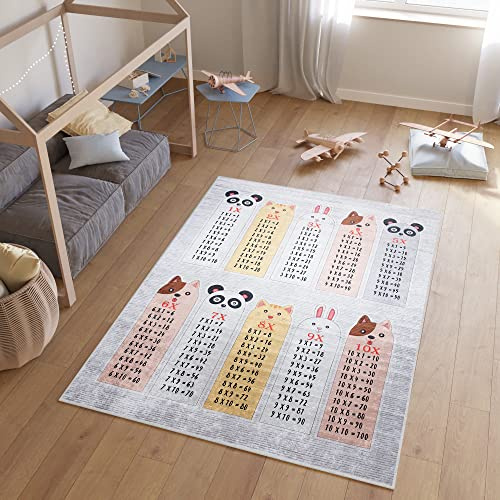 TAPISO Emma Kinderteppich Bunt Schule Zahlen Antirutsch 80 x 150 cm | Waschbar bei 30 Grad bedruckter Kinderteppich Kinderzimmer Jugendzimmer Modern OEKO-TEX