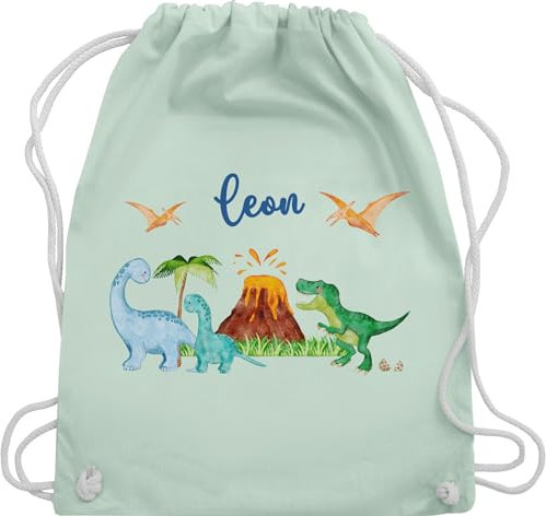 Turnbeutel Rucksack - Geschenk Dinosaurier personalisiert mit Name I Dino I Dinos - Unisize - Pastell Grün - sportbeutel junge kita beutel für wechselwäsche tier trex stoffbeutel