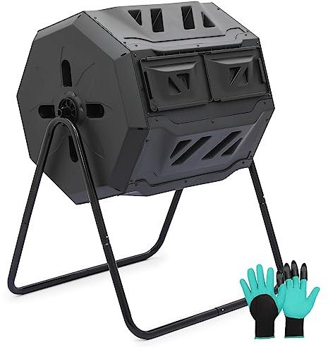 MoNiBloom 43 Gallon Compost Tumbler, Outdoor BPA Free Large Dual Chamber Tumbling Compost Bin All-Season Fast Working Tumbling Composter, High Volume Composter with 2 Sliding Doors