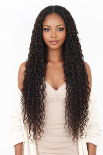 ManeMajesty Deep Wave Spitzenfront-Perücke Naturhaar, vorgezupft, 13x4 HD Spitzenfront, Water Wave Naturhaar-Perücke, 100% Brasilianisches Remy Hair für dunkle Hauttöne, 85 cm, Natur-Dunkelbraun