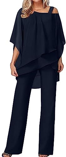 Sawmew Damen Tüll Abendanzug Sets Zweiteiler Chiffon Shirt und Hohe Taille Hosenanzug Elegant Vintage 2-Teiliges Set Outfit Cocktail Party Festlich Hosenanzug (Color : Dark Blue, Size : XXL)