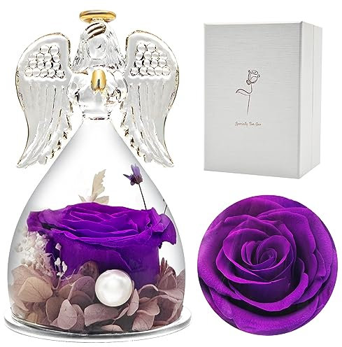 heekim Rose Eternelle, Rose sous Ange Gardien, Cadeau Anniversaire Femme, Cadeau Belle Mere/Grand Mere, Cadeau Maman Noël, Fleurs Eternelles avec Ange Figurine, Cadeau Femme (Violet)