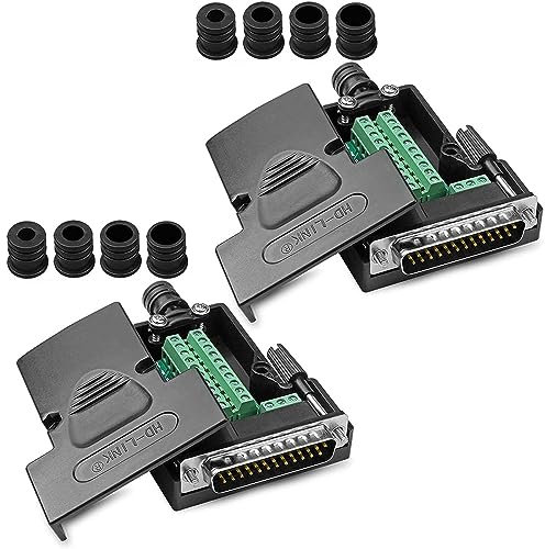Harrisen 2 Stücke DB25 Lötfreier Stecker,RS232 D-SUB Seriell auf 25-poligen Port-Terminal Stecker Adapter Breakout Board mit Gehäuse Lange Schrauben Muttern
