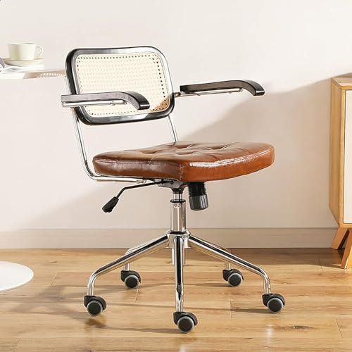 GJVBGA Rattan-Computerstuhl, Retro-Drehstuhl, ergonomischer gepolsterter Sessel mit leisen PU-Rädern, Schreibtischstuhl mit mittlerer Rückenlehne, für Zuhause, Arbeit, Wohnzimmer (Farbe: Braun)