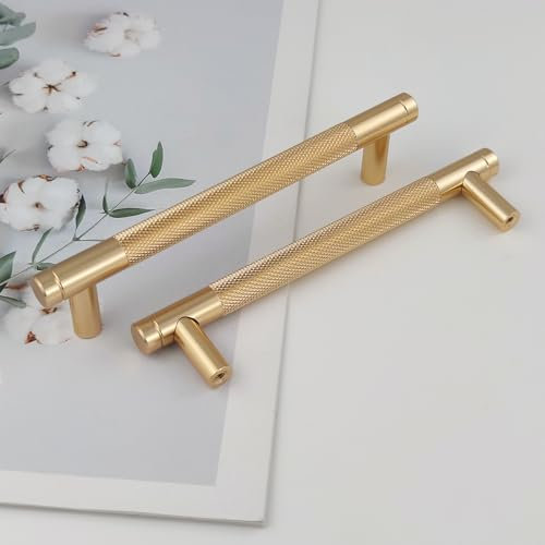 Pexintek 10 Pack Gold Modern Cabinet Handles 128mm Hole Centers Kitchen Bathroom bedrooms Study Furniture Door Vintage Pulls with Screws for Cupboards Drawer Wardrobe Dresser (Gold)