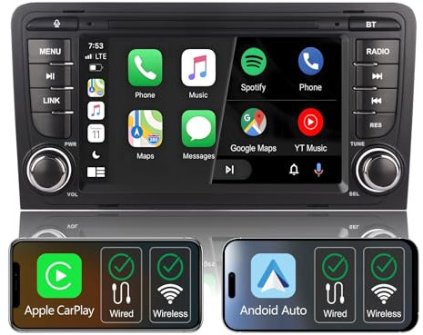 Kabelloses Carplay Radio für Audi A3 8P 2003-2012,7 IPS Bildschirm,Audi A3 8P Radio unterstützt Android Auto & Mirrorlink,Original-SWC, Bluetooth,Mikrofon,AM FM RDS,USB,EQ/DSP/Subwoofer,Navigation