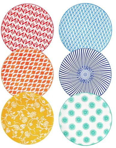 Cerkik Keramik Salatteller Set - 21,6 cm kleine runde Küche Abendessen Gerichte für Dessert Pasta Sandwich - Kratzfestes Porzellan Mikrowelle spülmaschinenfest - Set von 6 - Bunt