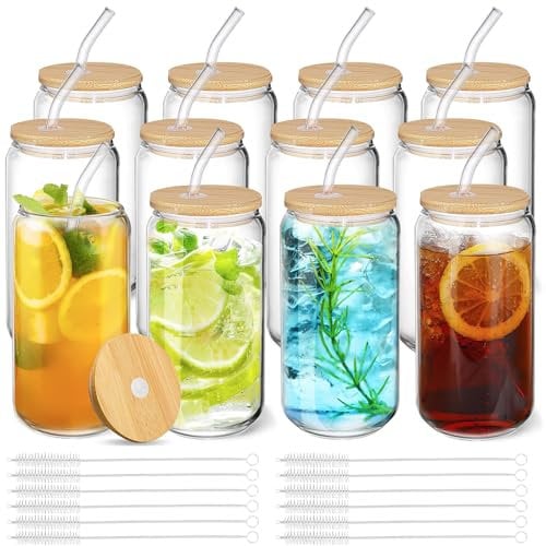 Drinking Glasses with Straws and Bamboo Lids, 12 Beer Can Shaped, Iced Coffee Tumblers, Clear Cups for Cocktails, Whiskey, Cola, Juice, Soda, Tea, Water, Gift Set (16OZ Glass)