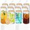 Drinking Glasses with Straws and Bamboo Lids, 12 Beer Can Shaped, Iced Coffee Tumblers, Clear Cups for Cocktails, Whiskey, Cola, Juice, Soda, Tea, Water, Gift Set (16OZ Glass)