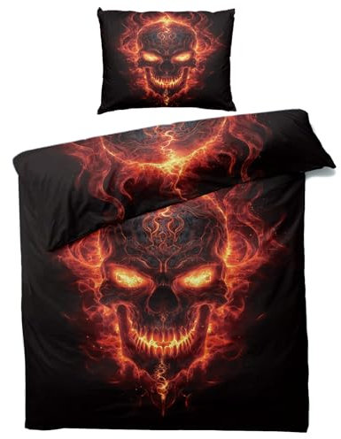 MOBEITI Totenkopf Bettwäsche 140x200, Gothic Satanic Flammen Schädel Wendebettwäsche - Deko & Geschenke, Weiche Mikrofaser Bettbezug Set 2teilig, 1 Kissenbezug 70x90, mit Reißverschluss
