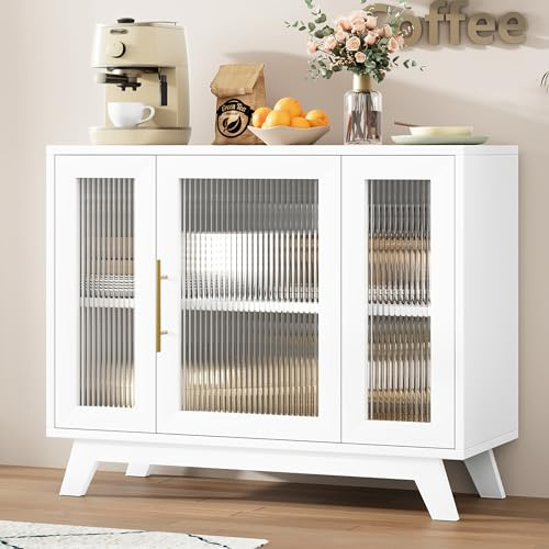 GAOMON Sideboard-Buffetschrank mit geriffelter Glastür, 91,4 cm, moderner Akzent-Aufbewahrungsschrank mit 2-stöckigem Stauraum, weißer Kaffee-Barschrank für Küche, Esszimmer, Wohnzimmer, weiße