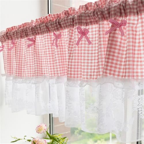 Scheibengardine Landhausstil Kurzgardine Boho Kurze Vintage Spitze Häkelgardine mit Spitze Vintage Bistrogardine Kurz Gardinen Kleines Fenstervorhang Küche Vorhänge (Rosa,1 Stüick, W 100x H 60 cm)